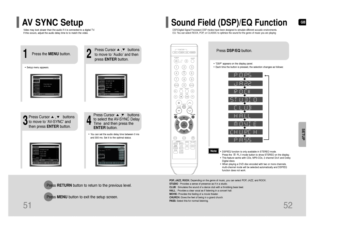 Samsung HT-Z110 user manual AV SYNC Setup, Sound Field DSP/EQ Function 