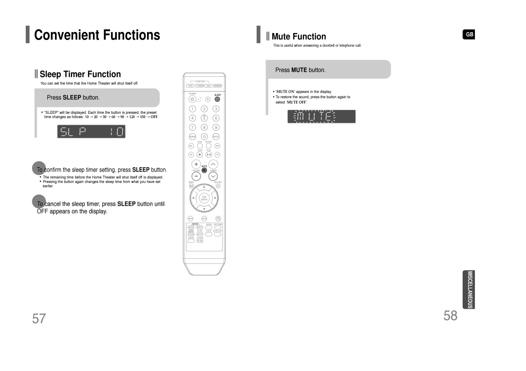 Samsung HT-Z110 Convenient Functions, Sleep Timer Function, Mute Function, Press SLEEP button, Press MUTE button 