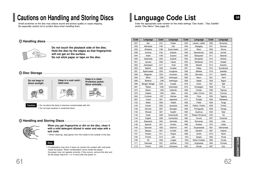 Samsung HT-Z110 Language Code List, Do not stick paper or tape on the disc, Cautions on Handling and Storing Discs 
