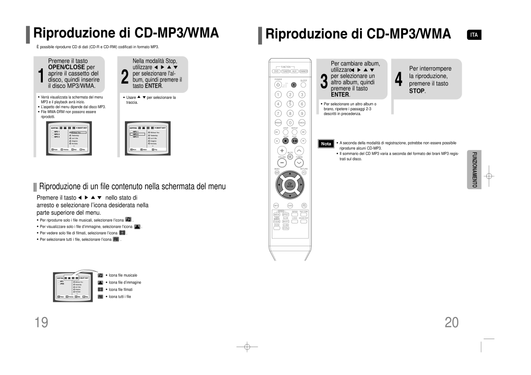 Samsung HT-Z110R/XET, HT-Z110NT/XET manual Riproduzione di CD-MP3/WMA, OPEN/CLOSE per 