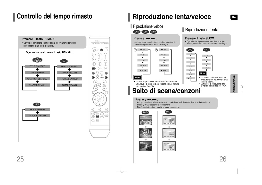 Samsung HT-Z110NT/XET Riproduzione lenta/veloce, Salto di scene/canzoni, Premere il tasto Remain, Premere il tasto Slow 