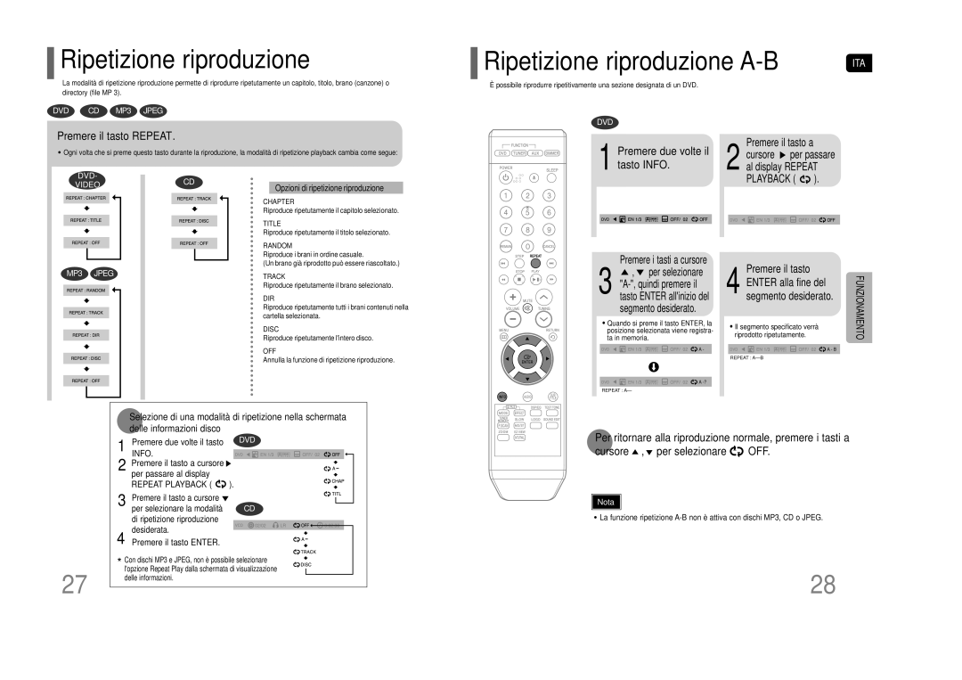 Samsung HT-Z110R/XET manual Ripetizione riproduzione A-B, Premere il tasto Repeat, Premere due volte il tasto Info 