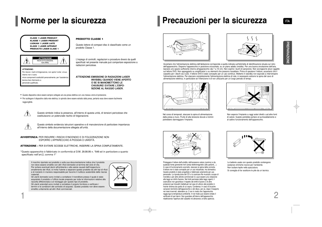 Samsung HT-Z110NT/XET, HT-Z110R/XET manual Norme per la sicurezza, Precauzioni per la sicurezza 