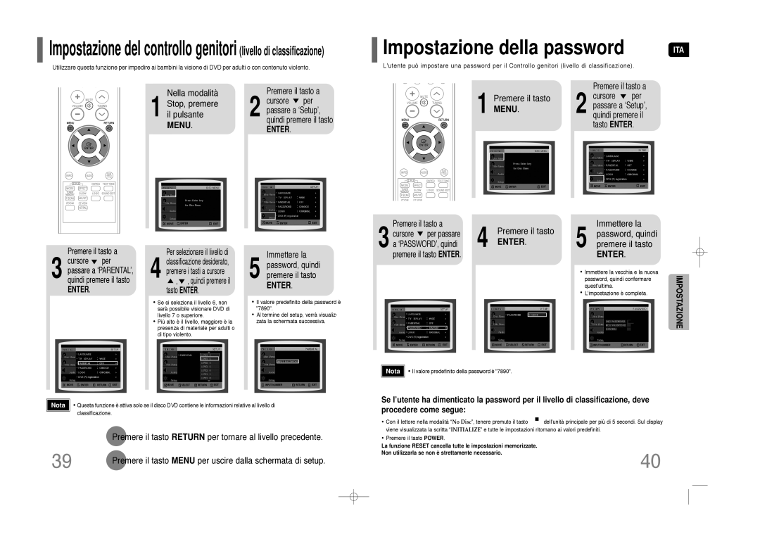 Samsung HT-Z110R/XET manual Premere il tasto Menu, Immettere la Password, quindi premere il tasto, ‘PASSWORD’, quindi 