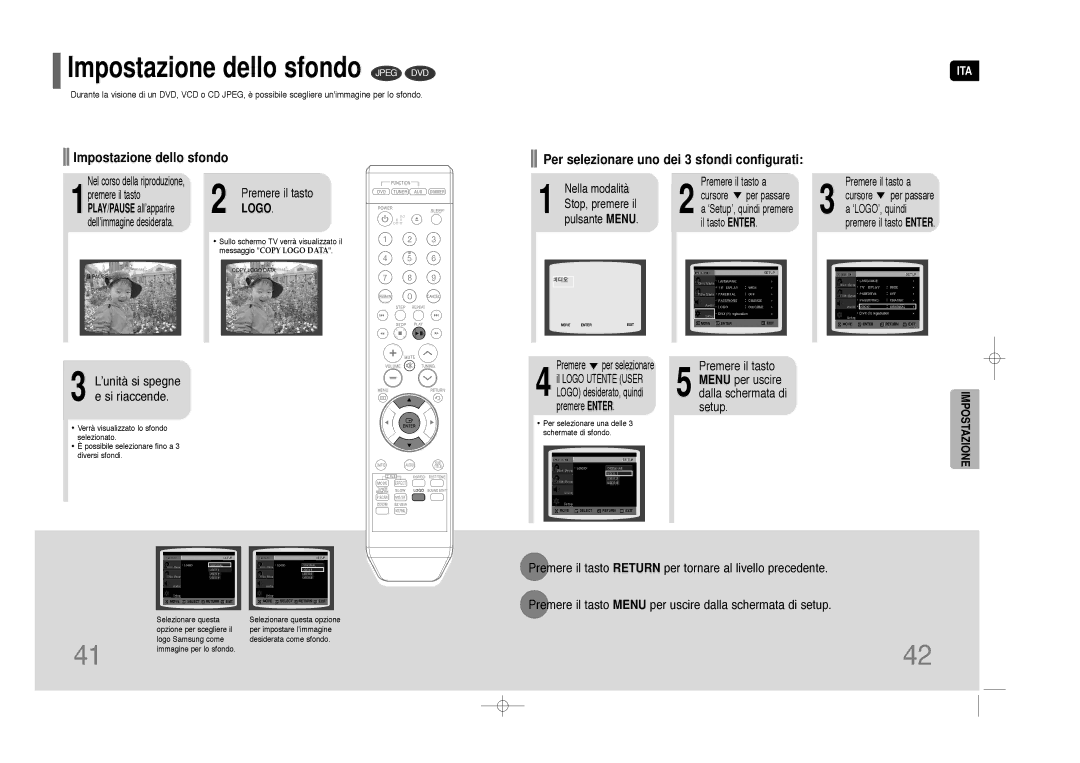 Samsung HT-Z110NT/XET, HT-Z110R/XET manual Impostazione dello sfondo Jpeg DVD, ’unità si spegne e si riaccende 