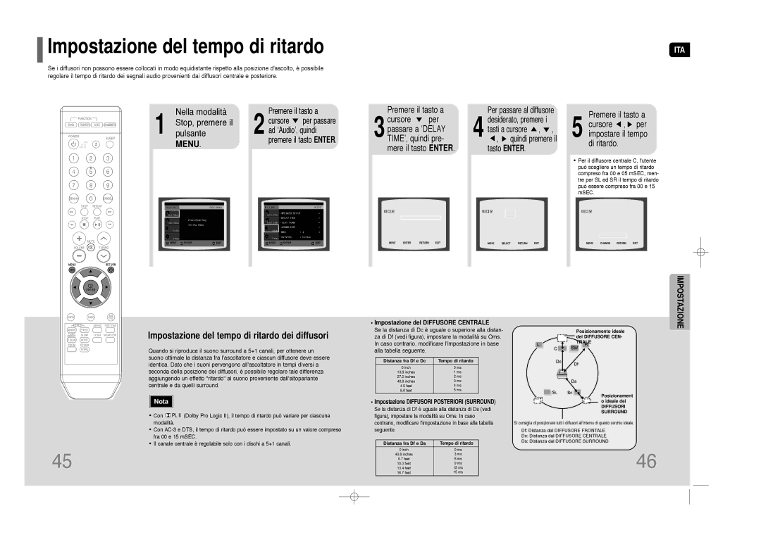 Samsung HT-Z110NT/XET, HT-Z110R/XET manual Pulsante, Impostazione del tempo di ritardo dei diffusori, Ad ‘Audio’, quindi 