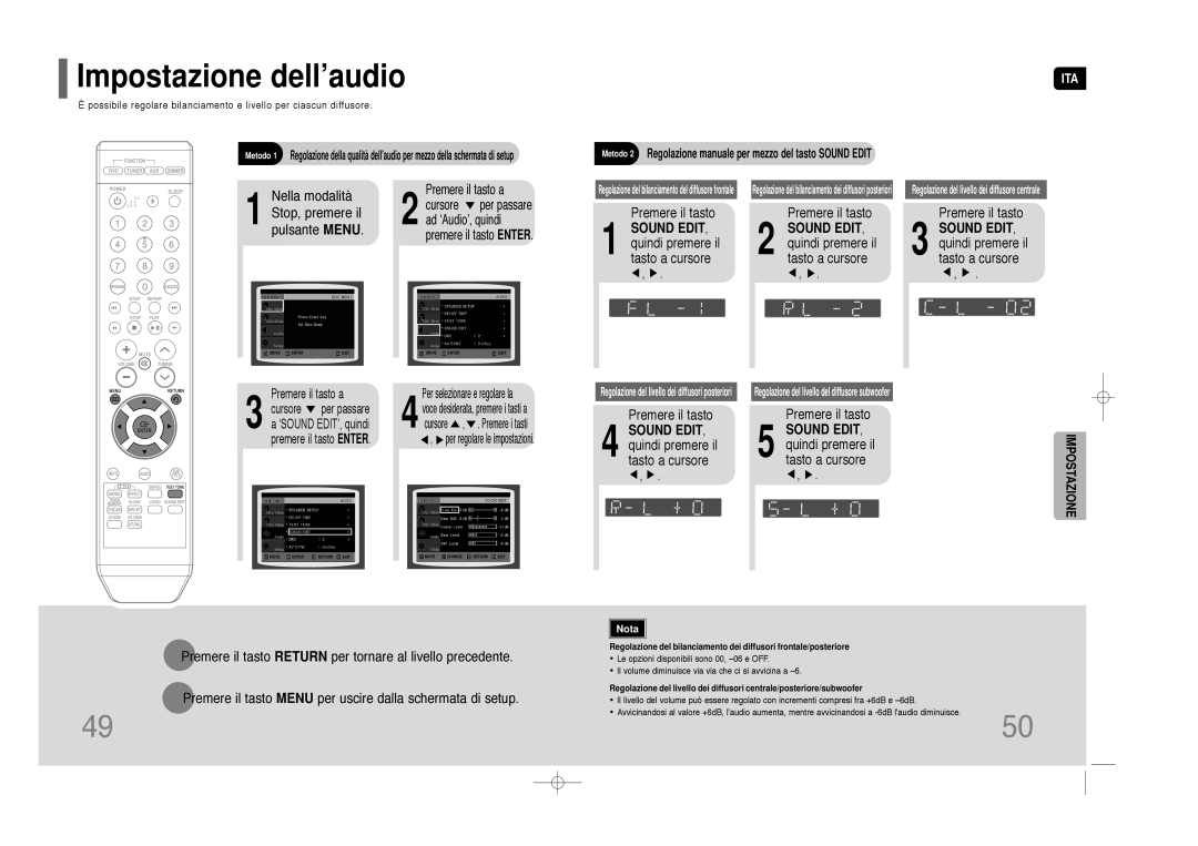 Samsung HT-Z110NT/XET, HT-Z110R/XET Impostazione dell’audio, Metodo 2 Regolazione manuale per mezzo del tasto Sound Edit 