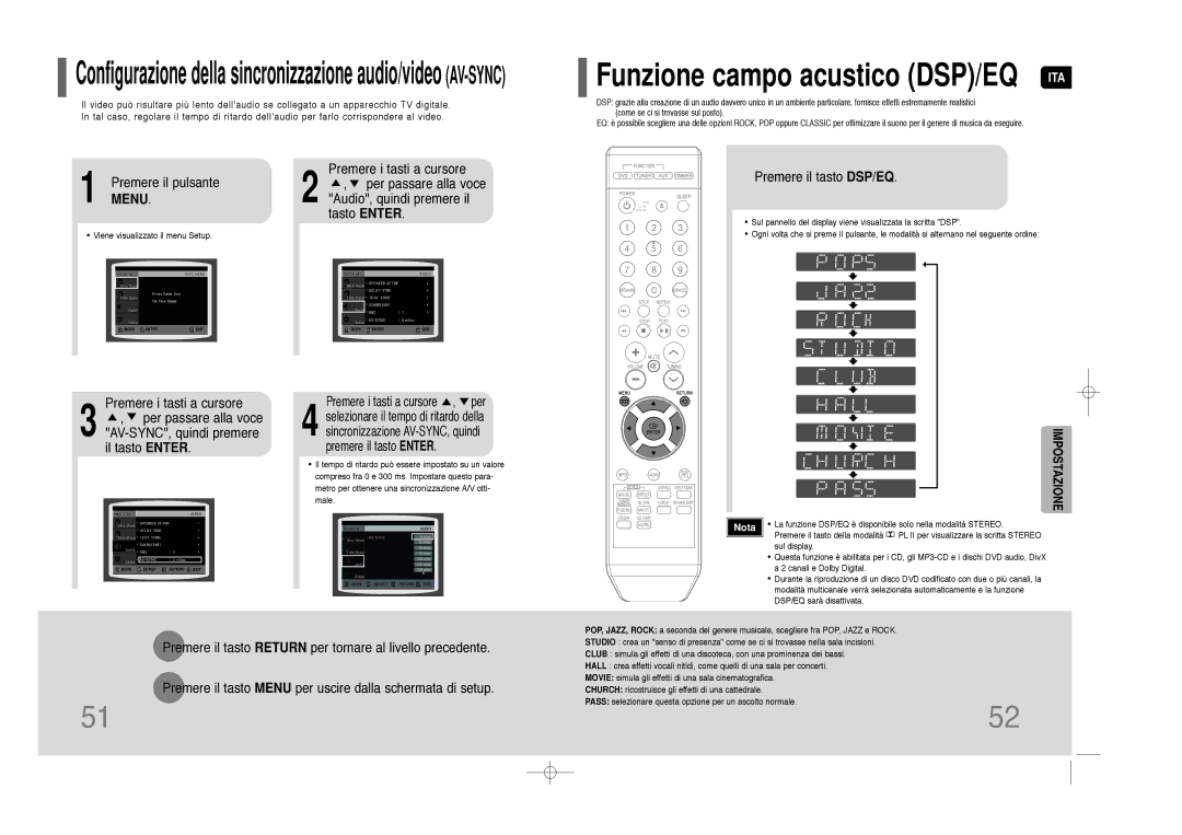 Samsung HT-Z110R/XET, HT-Z110NT/XET manual Premere il pulsante, Premere il tasto DSP/EQ 