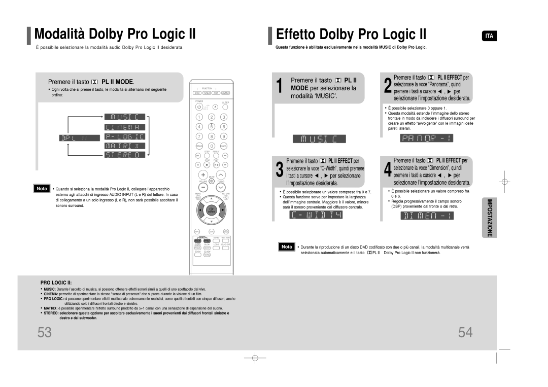 Samsung HT-Z110NT/XET Modalità Dolby Pro Logic, Premere il tasto PL II Mode, Mode per selezionare la, Modalità ‘MUSIC’ 