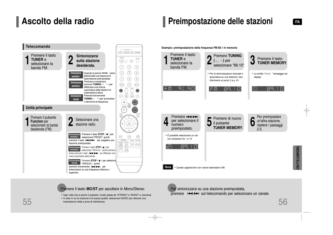 Samsung HT-Z110R/XET, HT-Z110NT/XET manual Ascolto della radio, Telecomando, Tuner e, Unità principale 