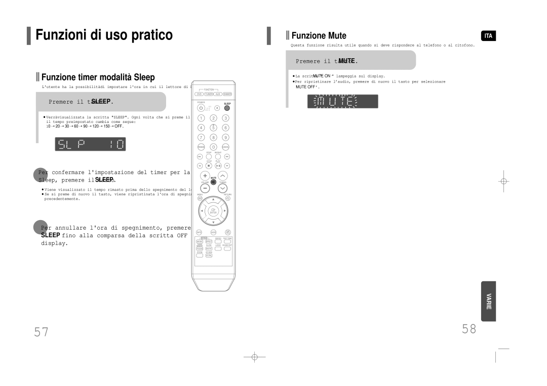 Samsung HT-Z110NT/XET, HT-Z110R/XET manual Funzioni di uso pratico, Premere il tasto Sleep, Premere il tasto Mute 