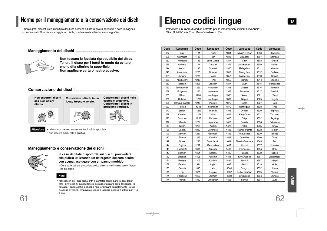 Samsung HT-Z110NT/XET, HT-Z110R/XET manual Elenco codici lingue, Norme per il maneggiamento e la conservazione dei dischi 