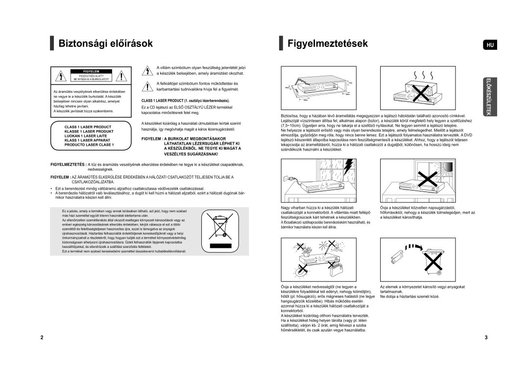 Samsung HT-Z110NT/XET, HT-Z110R/EDC, HT-Z110NT/EDC, HT-Z110R/XEO manual Biztonsági elĘírások FigyelmeztetésekHU 