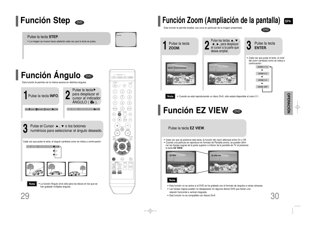 Samsung HT-Z110NT/EDC, HT-Z110R/EDC, HT-Z110NT/XET Función Step DVD, Función Ángulo DVD, Función EZ View DVD, Zoom, Enter 