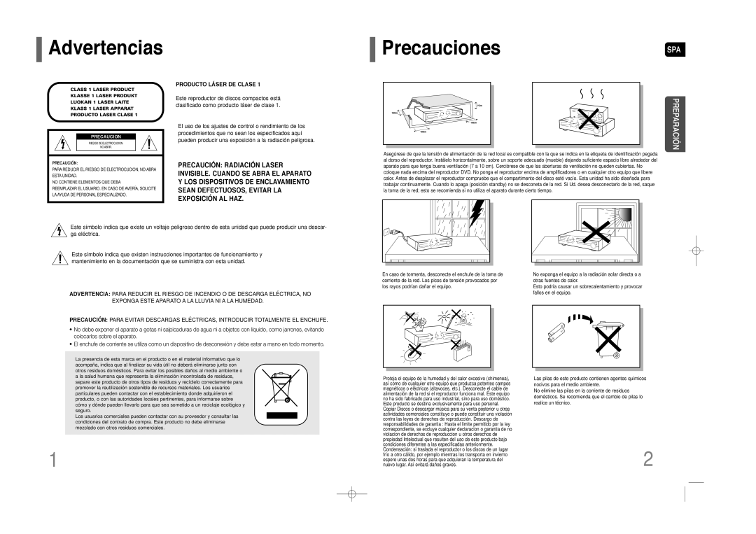 Samsung HT-Z110NT/XET, HT-Z110R/EDC, HT-Z110NT/EDC, HT-Z110R/XET, HT-Z110T/MEA manual Advertencias, PrecaucionesSPA 