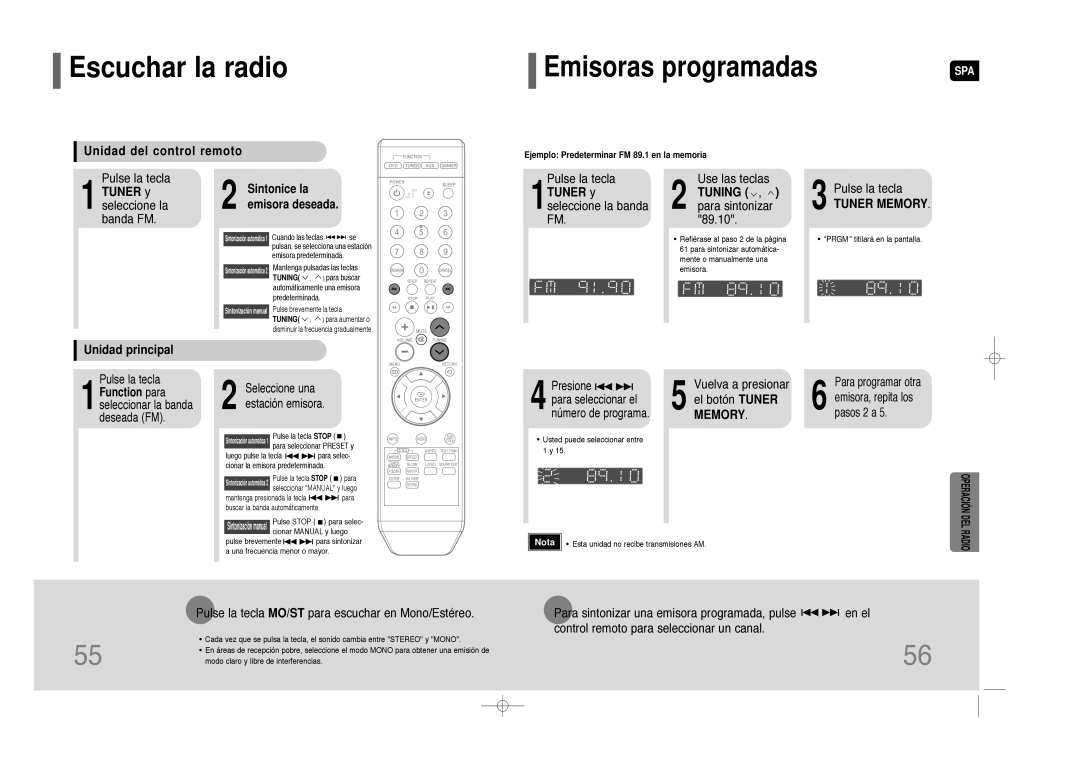 Samsung HT-Z110T/MEA, HT-Z110R/EDC Escuchar la radio, Unidad del control remoto, Tuner y Tuning, Unidad principal, Memory 