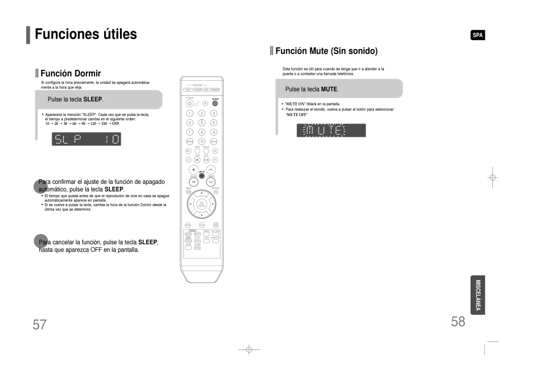 Samsung HT-Z110R/EDC, HT-Z110NT/EDC, HT-Z110NT/XET, HT-Z110R/XET Funciones útiles, Pulse la tecla Sleep, Pulse la tecla Mute 