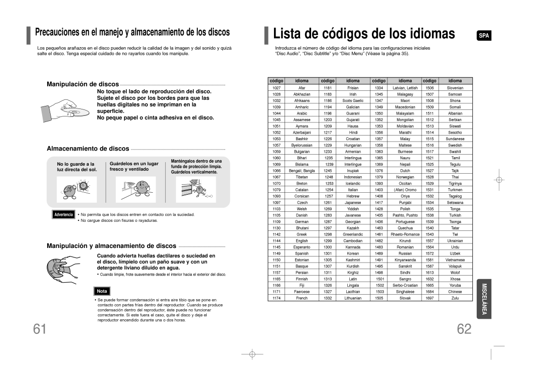 Samsung HT-Z110NT/XET manual No lo guarde a la Guárdelos en un lugar, Luz directa del sol Fresco y ventilado, Código Idioma 