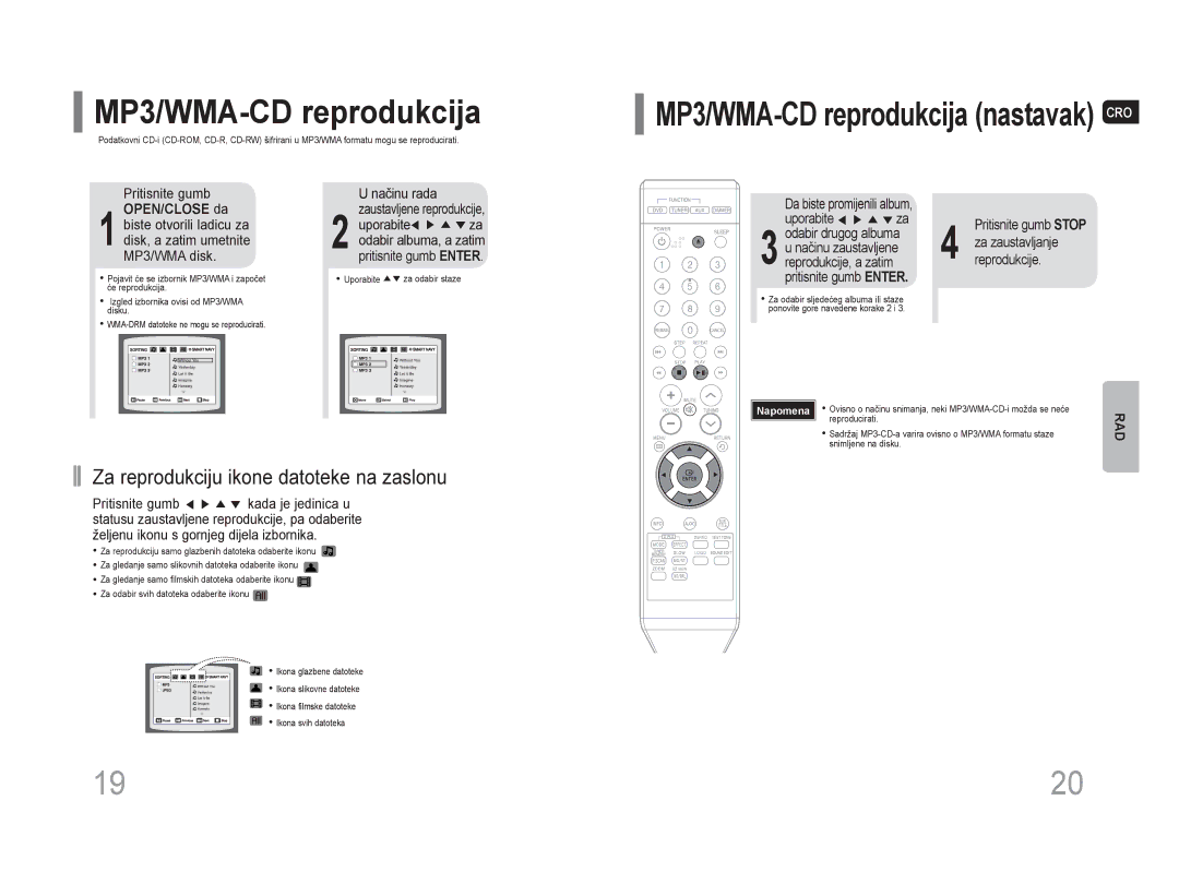 Samsung HT-Z110NT/EDC MP3/WMA-CD reprodukcija, Uporabite za, Pritisnite gumb OPEN/CLOSE da, Da biste promijenili album 