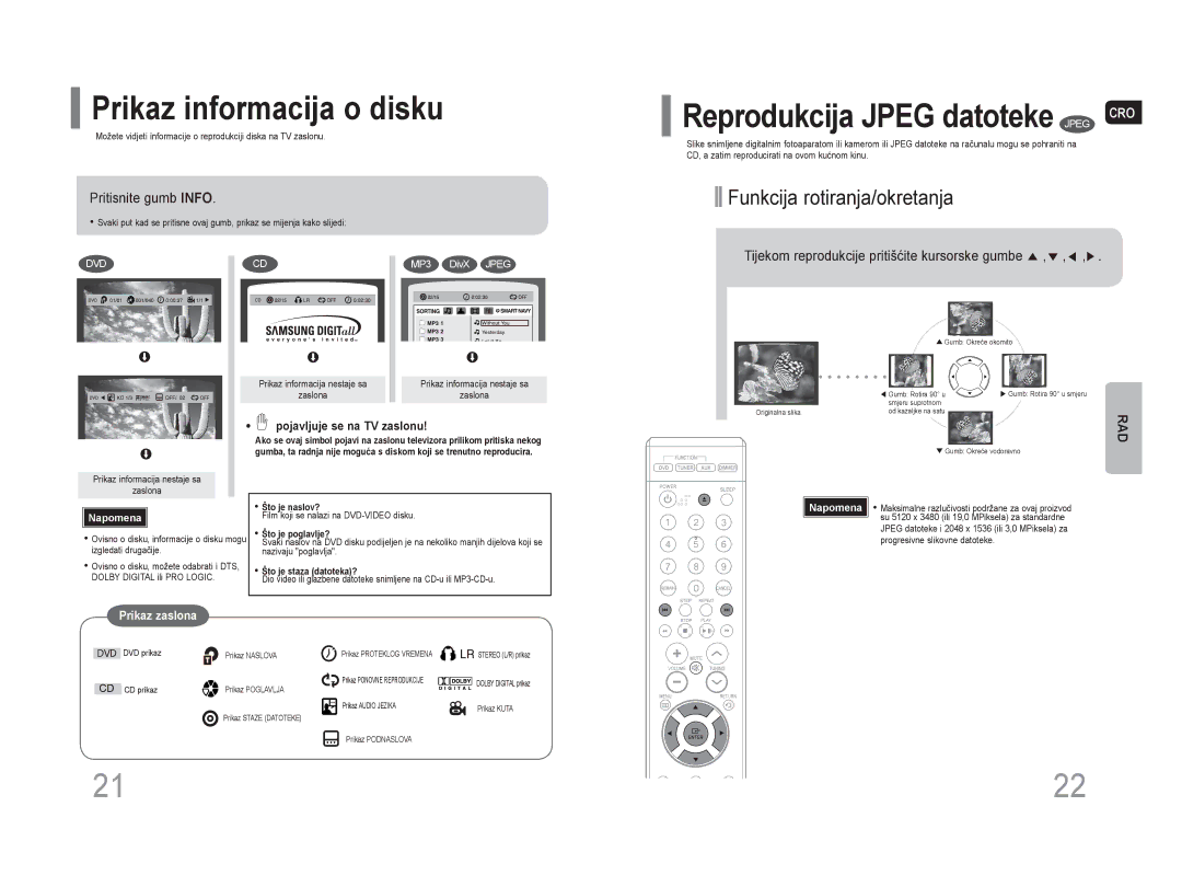 Samsung HT-Z110R/EDC, HT-Z110NT/EDC Prikaz informacija o disku, Pritisnite gumb Info, Reprodukcija Jpeg datoteke Jpeg CRO 