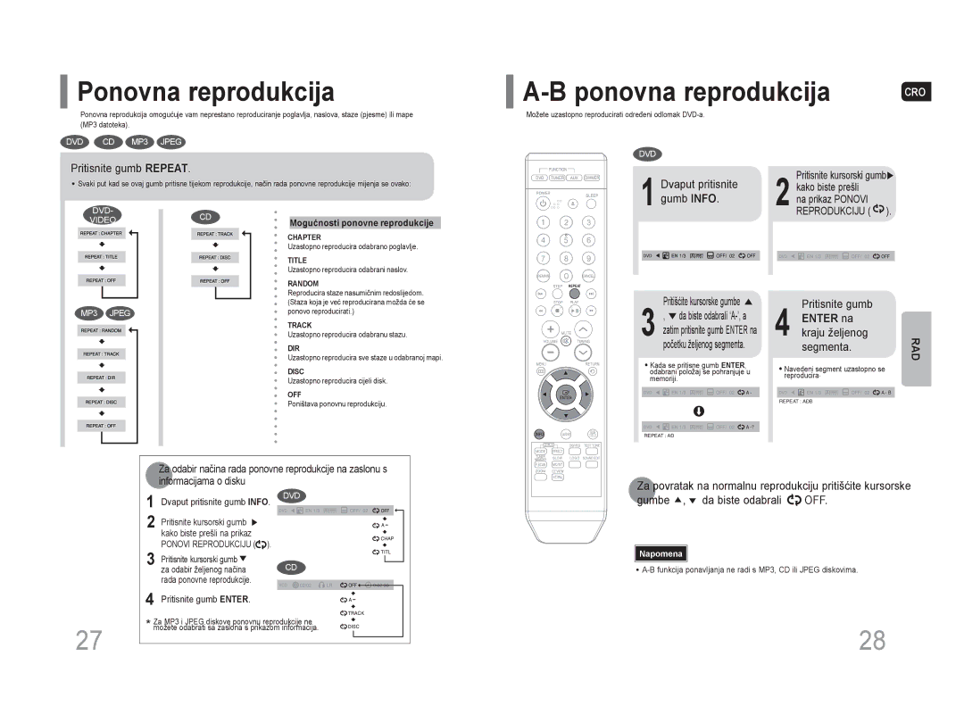 Samsung HT-Z110NT/EDC, HT-Z110R/EDC manual Ponovna reprodukcija, Pritisnite gumb Repeat, Dvaput pritisnite, Gumb Info 