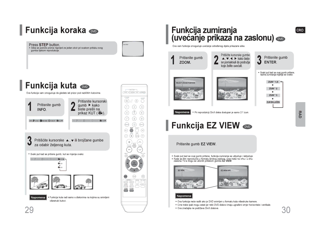 Samsung HT-Z110R/EDC, HT-Z110NT/EDC Funkcija koraka DVD, Funkcija zumiranja, Funkcija kuta DVD, Funkcija EZ View DVD, Info 