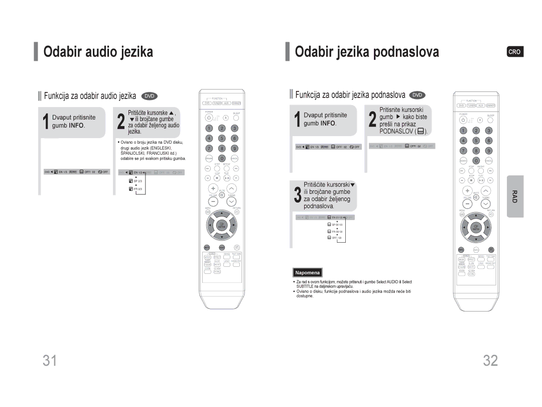 Samsung HT-Z110NT/EDC, HT-Z110R/EDC manual Odabir audio jezika, Odabir jezika podnaslova, 1Dvaput pritisnite Gumb Info 