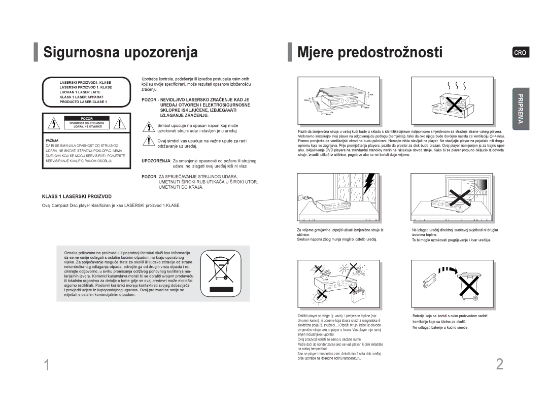 Samsung HT-Z110R/EDC, HT-Z110NT/EDC manual Sigurnosna upozorenja Mjere predostrožnosti, Cro 