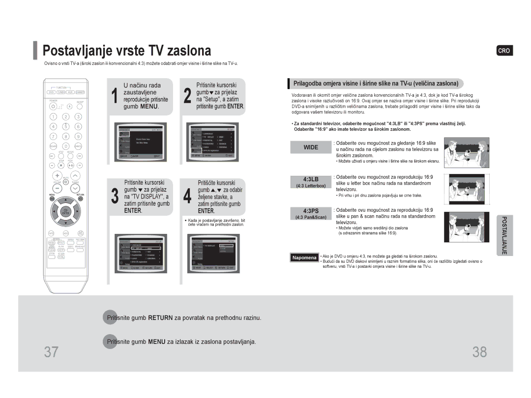 Samsung HT-Z110R/EDC, HT-Z110NT/EDC manual Postavljanje vrste TV zaslona, Zaustavljene Gumb za prijelaz, Gumb Menu 