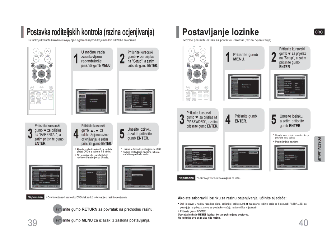 Samsung HT-Z110NT/EDC Postavljanje lozinke, Zaustavljene Gumb za prijelaz Reprodukcije, Pritisnite gumb Enter Gumb Enter 