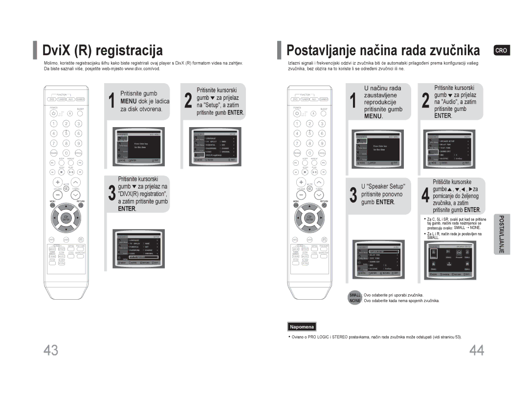 Samsung HT-Z110NT/EDC, HT-Z110R/EDC DviX R registracija, Za disk otvorena, Speaker Setup, Pritisnite ponovno gumb Enter 