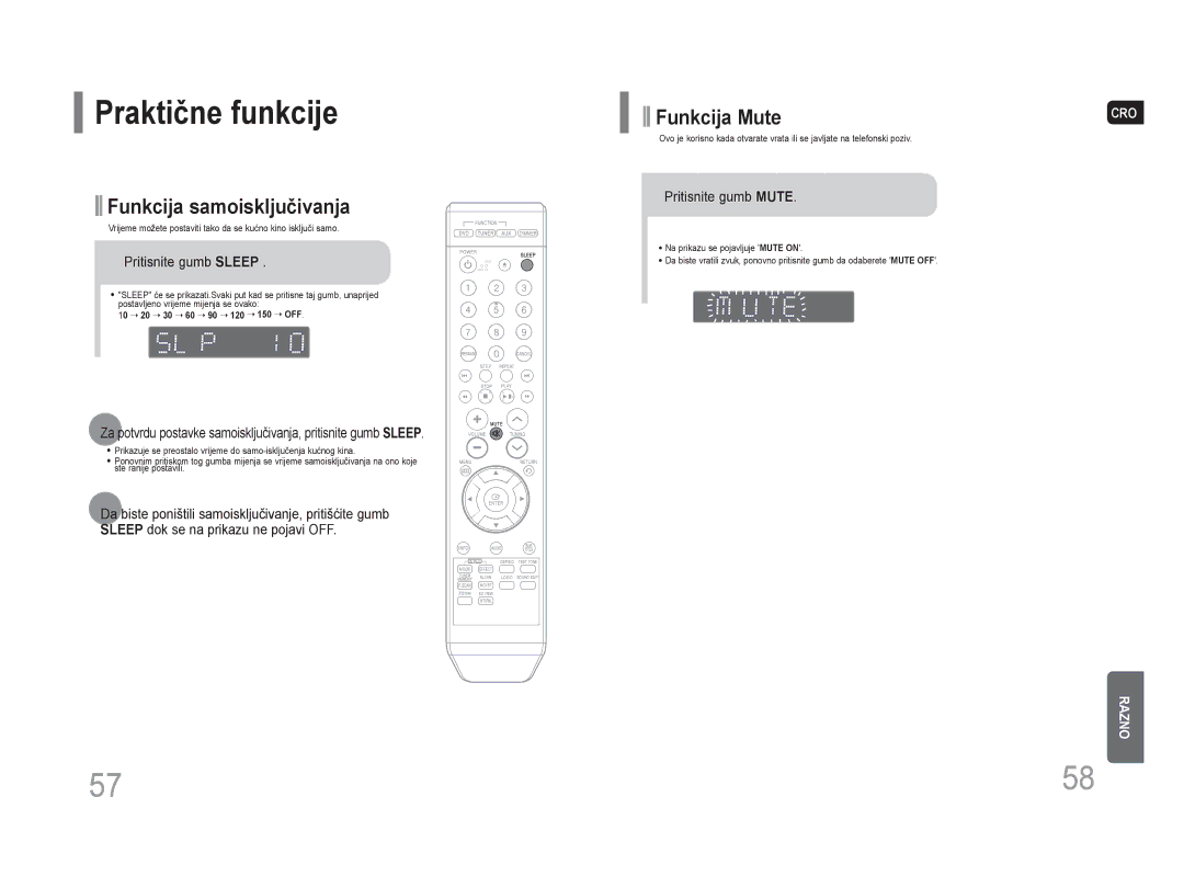 Samsung HT-Z110R/EDC manual Praktične funkcije, Pritisnite gumb Sleep, Pritisnite gumb Mute, 10 20 30 60 90 120 150 OFF 