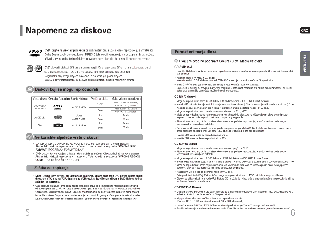 Samsung HT-Z110R/EDC manual Napomene za diskove, Zaštita od kopiranja, Ovaj proizvod ne podržava Secure DRM Media datoteke 