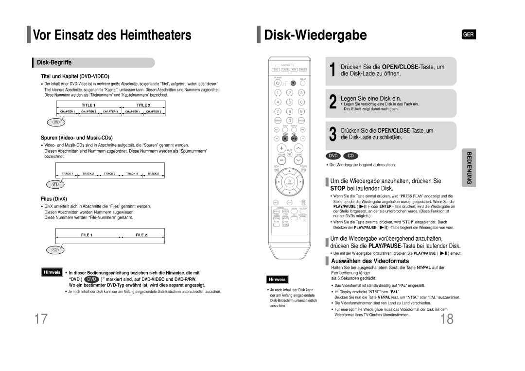 Samsung HT-Z110NT/XEF manual Disk-WiedergabeGER, Vor Einsatz des Heimtheaters, Disk-Begriffe, Auswählen des Videoformats 