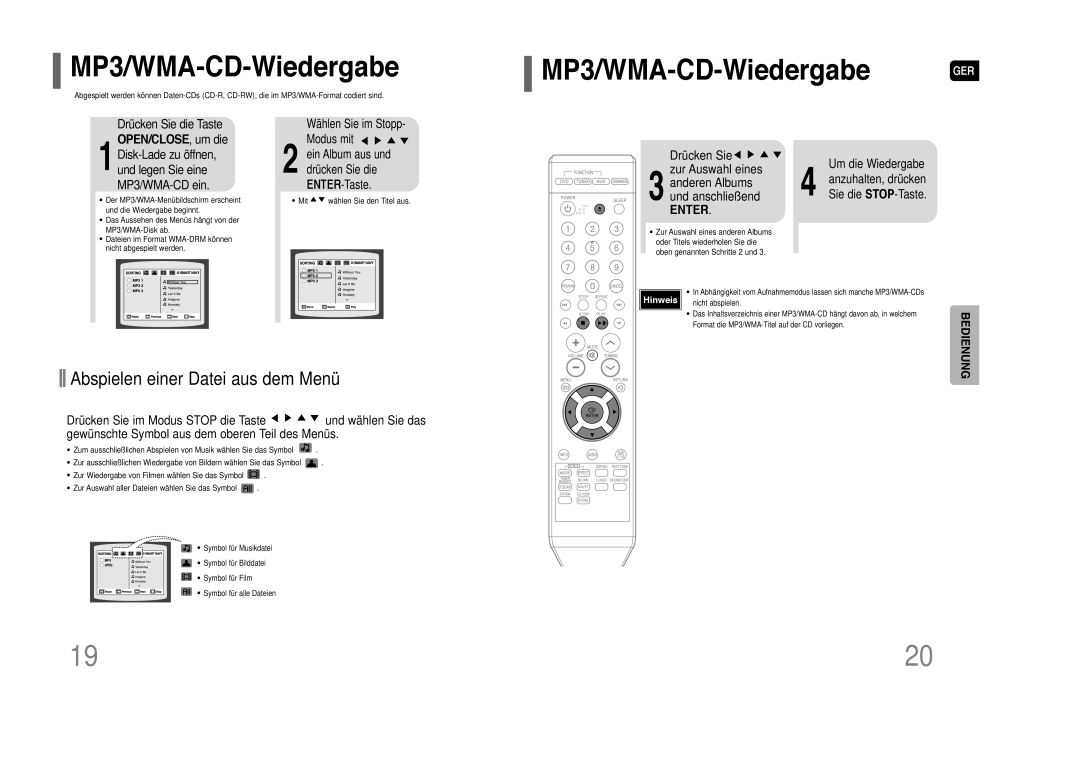 Samsung HT-Z110NT/EDC manual MP3/WMA-CD-Wiedergabe GER, Drücken Sie, Zur Auswahl eines, Anderen Albums Und anschließend 