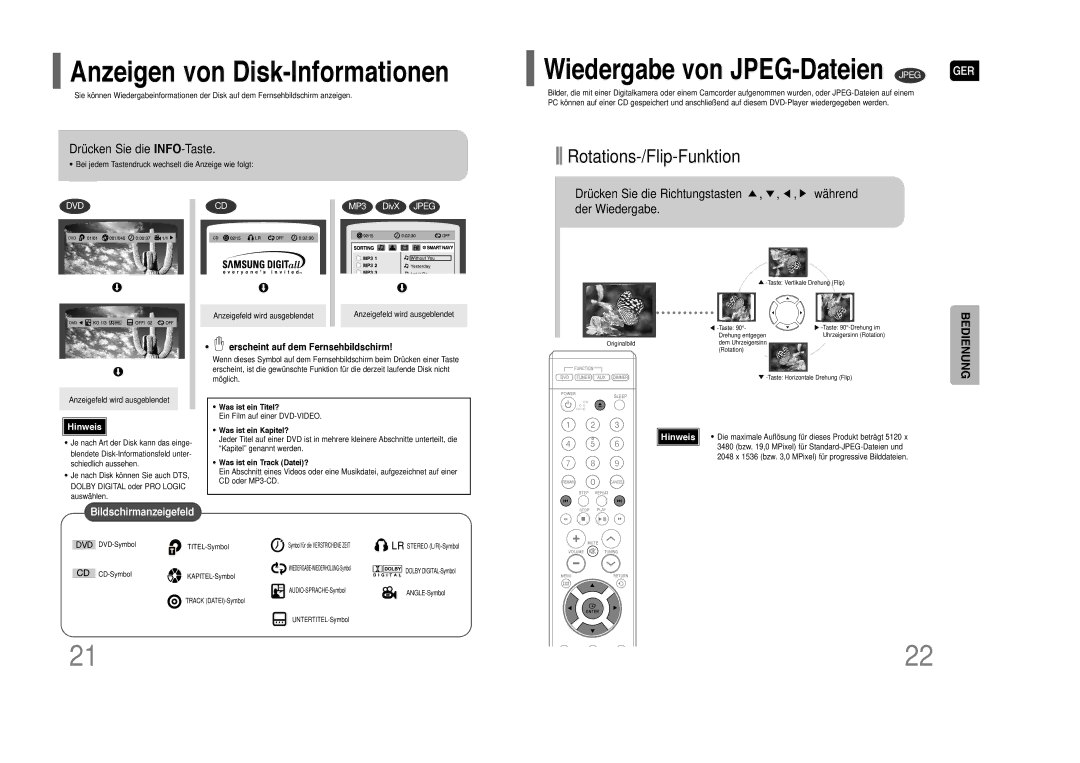 Samsung HT-Z110R/XEF Wiedergabe von JPEG-Dateien Jpeg, Drücken Sie die INFO-Taste, Erscheint auf dem Fernsehbildschirm 