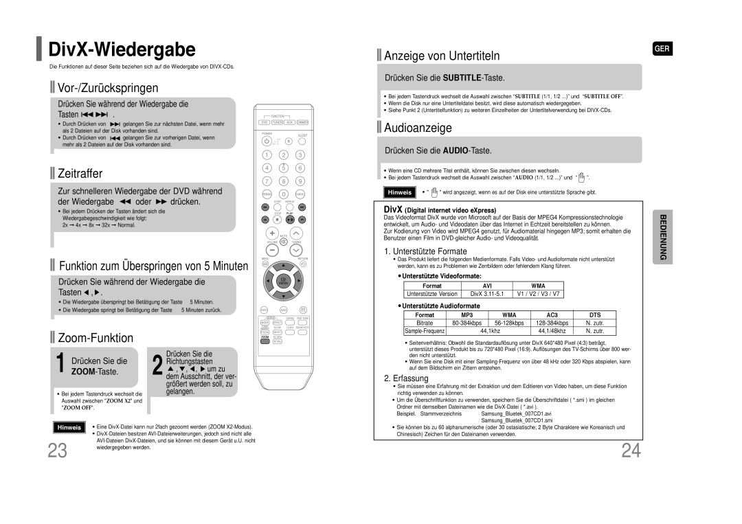 Samsung HT-Z110R/EDC, HT-Z110R/XEF, HT-Z110NT/XEF, HT-Z110NT/EDC manual DivX-Wiedergabe 