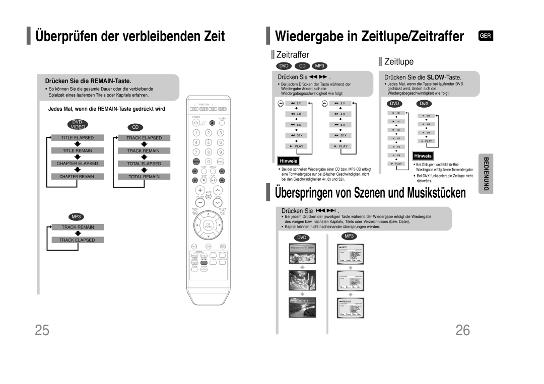 Samsung HT-Z110NT/XEF manual Überprüfen der verbleibenden Zeit, Drücken Sie die REMAIN-Taste, Drücken Sie die SLOW-Taste 