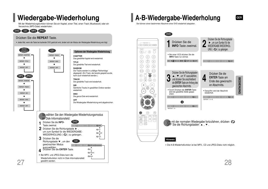 Samsung HT-Z110NT/EDC, HT-Z110R/XEF, HT-Z110R/EDC manual Wiedergabe-Wiederholung GER, Drücken Sie die REPEAT-Taste 