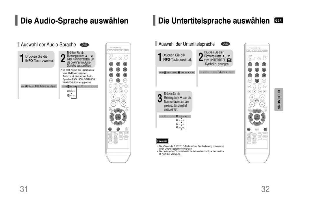 Samsung HT-Z110R/EDC, HT-Z110R/XEF, HT-Z110NT/XEF manual Die Audio-Sprache auswählen, Drücken Sie die INFO-Taste zweimal 