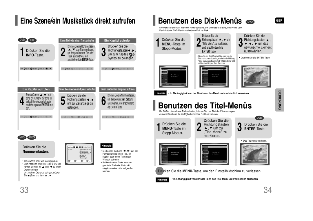 Samsung HT-Z110NT/XEF Benutzen des Titel-Menüs, Benutzen des Disk-Menüs DVD, Drücken Sie die MENU-Taste im Stopp-Modus 