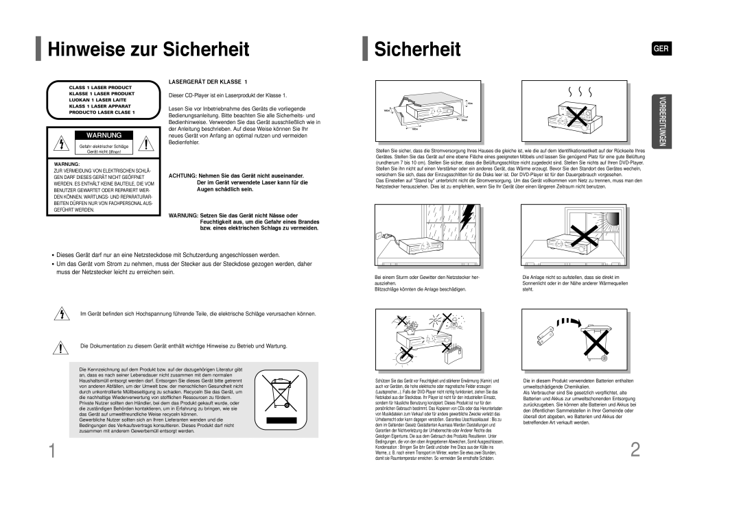 Samsung HT-Z110NT/XEF, HT-Z110R/XEF, HT-Z110R/EDC, HT-Z110NT/EDC manual Hinweise zur Sicherheit, SicherheitGER 