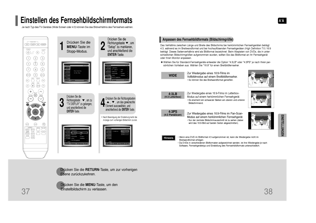 Samsung HT-Z110R/XEF, HT-Z110R/EDC manual Anpassen des Fernsehbildformats Bildschirmgröße, Zur Wiedergabe eines 169-Films im 