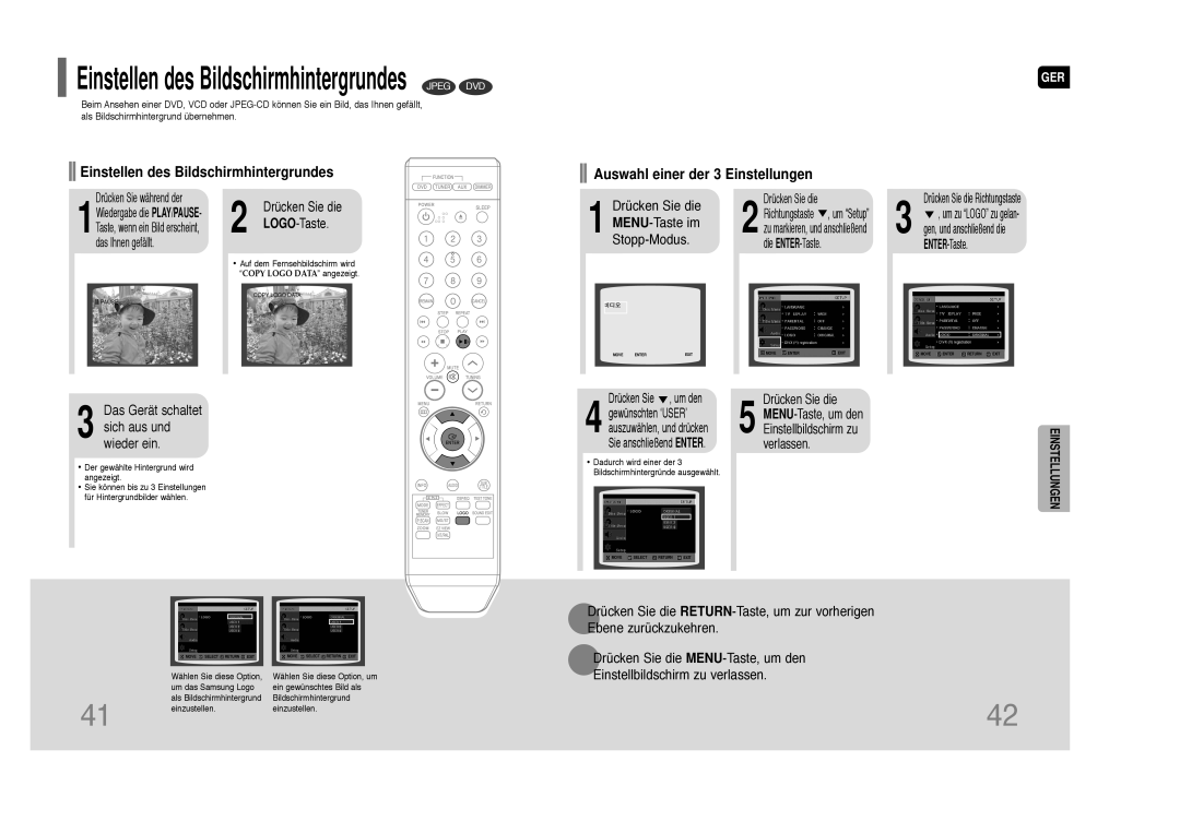 Samsung HT-Z110NT/XEF, HT-Z110R/XEF MENU-Taste im, Stopp-Modus, Das Gerät schaltet sich aus und wieder ein, LOGO-Taste 