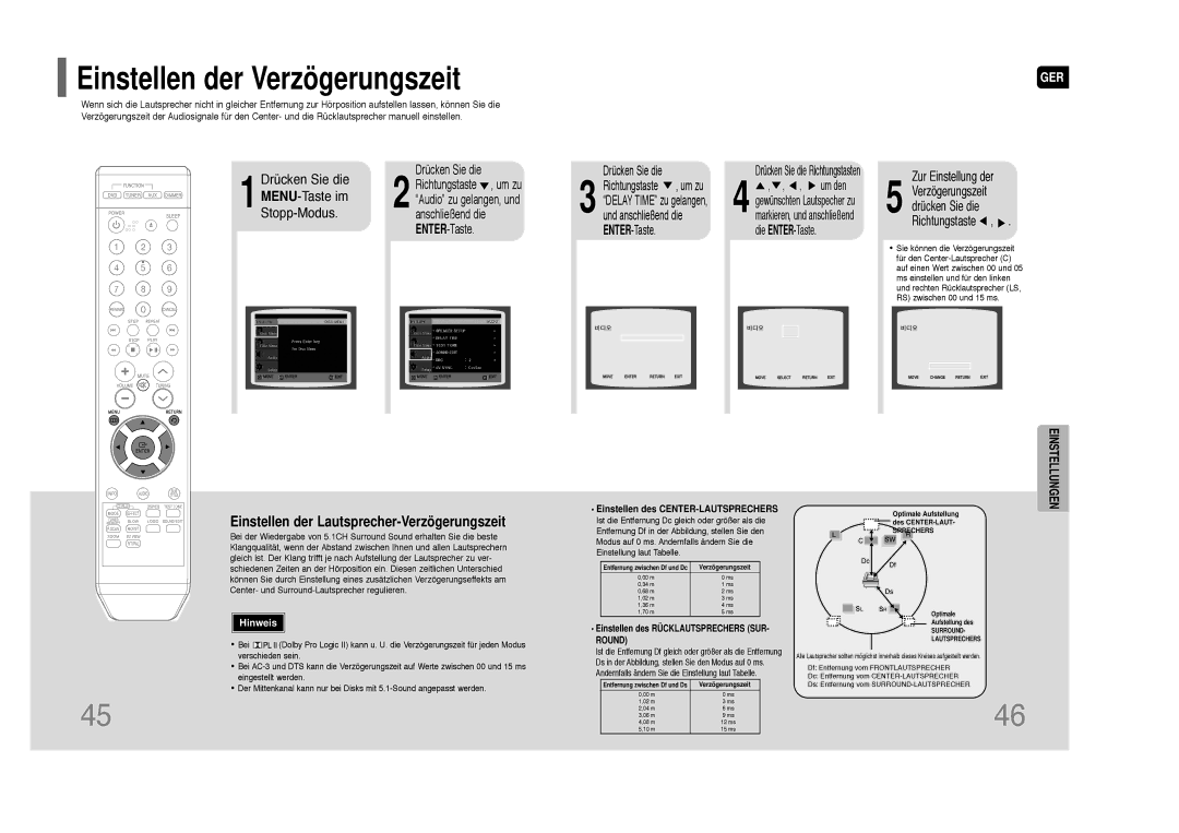 Samsung HT-Z110R/XEF, HT-Z110R/EDC manual Einstellen der Verzögerungszeit, Einstellen der Lautsprecher-Verzögerungszeit 