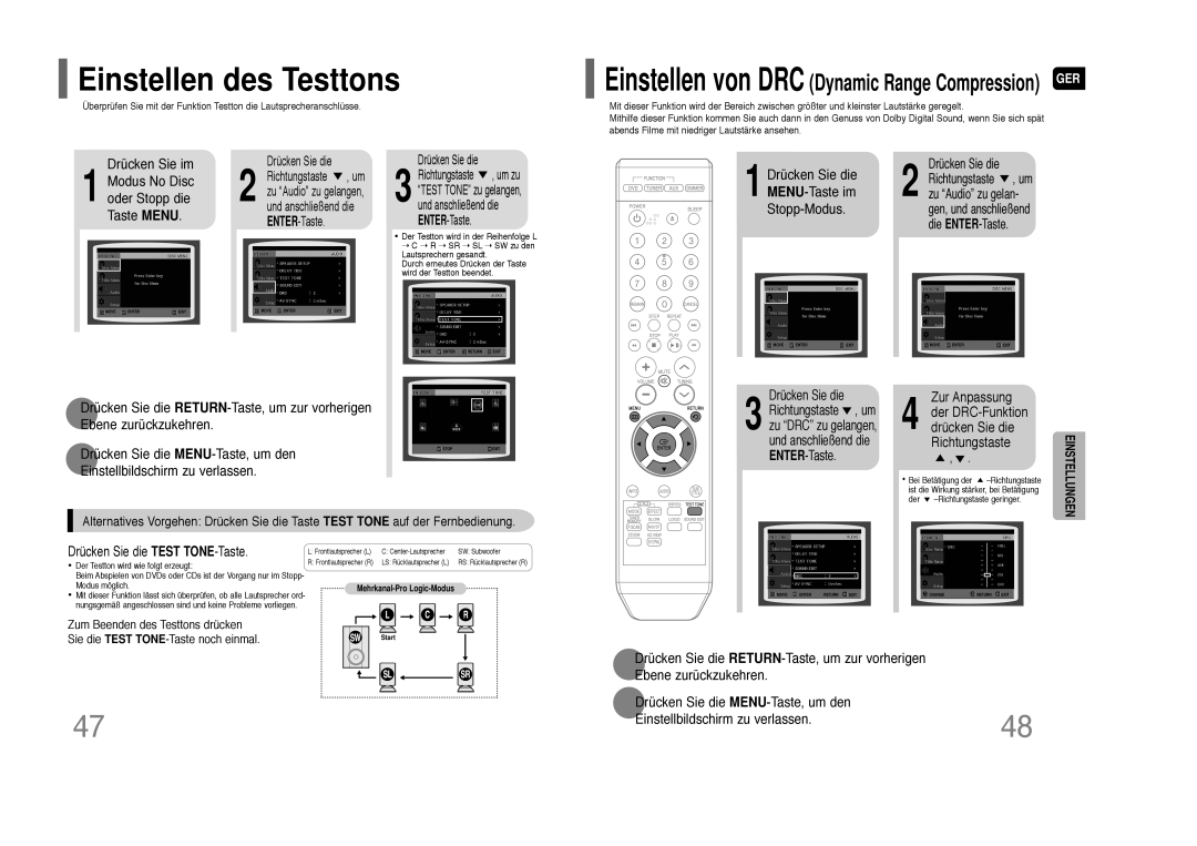 Samsung HT-Z110R/EDC manual Einstellen des Testtons, Drücken Sie im Modus No Disc oder Stopp die Taste Menu, Zur Anpassung 