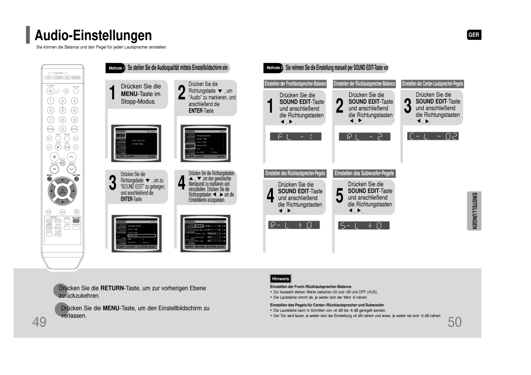 Samsung HT-Z110NT/XEF, HT-Z110R/XEF, HT-Z110R/EDC, HT-Z110NT/EDC Sound EDIT-Taste und anschließend die Richtungstasten 