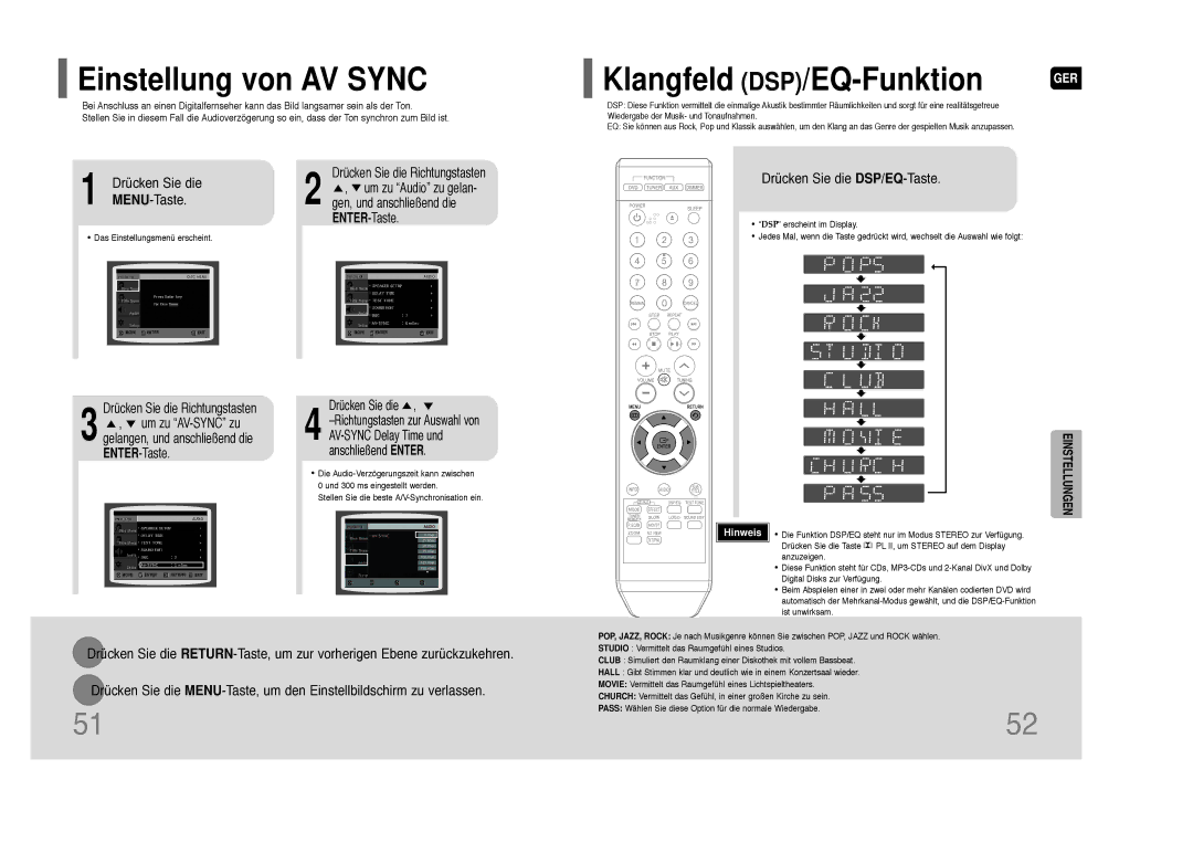 Samsung HT-Z110NT/EDC manual Einstellung von AV Sync, Klangfeld DSP/EQ-Funktion, MENU-Taste, Drücken Sie die DSP/EQ-Taste 