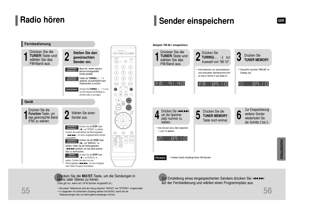 Samsung HT-Z110R/EDC, HT-Z110R/XEF Radio hören, Fernbedienung, Drücken Sie die TUNER-Taste und wählen Sie das FM-Band aus 