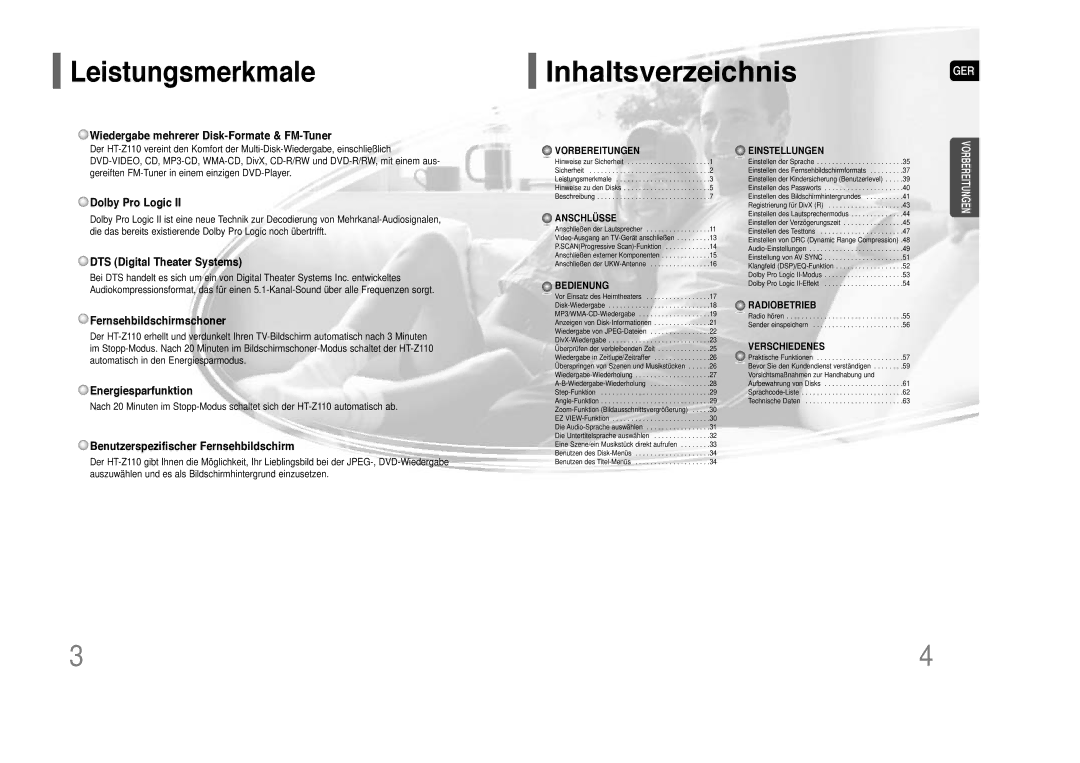 Samsung HT-Z110NT/EDC, HT-Z110R/XEF, HT-Z110R/EDC, HT-Z110NT/XEF manual Inhaltsverzeichnis, Leistungsmerkmale 